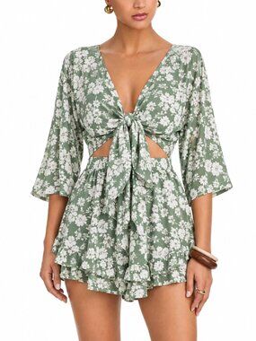 La'ven Free The Roses Printed Tie Front Romper Green Combo Size L NWT